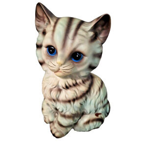 Large 7" Blue Gray Tiger Tabby Kitten Cat Porcelain Figurine Japan Blue Eyes